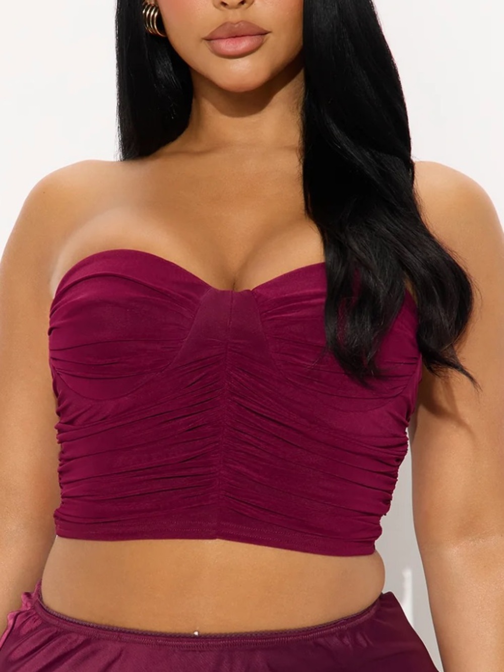 Burgundy Strapless Ruched Crop Top